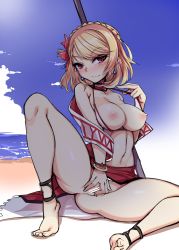 Rule 34 | 1girl, absurdres, azur lane, bar censor, beach umbrella, bikini, bikini top only, blonde hair, blush, bracelet, braid, breasts, breasts out, censored, choker, cleavage, closed mouth, cloud, cloudy sky, collarbone, crown braid, day, earrings, flower, french braid, gluteal fold, hair flower, hair ornament, harigane shinshi, highres, holding, holding umbrella, jewelry, looking at viewer, medium breasts, navel, nipples, outdoors, prince of wales (azur lane), pussy, red eyes, red flower, short hair, sitting, sky, smile, swept bangs, swimsuit, umbrella, white bikini
