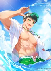 Rule 34 | 1boy, abs, absurdres, artist request, bara, bare pectorals, black hair, cloud, dated, day, green eyes, green male swimwear, green swim trunks, highres, large pectorals, male focus, male swimwear, muscular, muscular male, navel, nipples, open clothes, open mouth, open shirt, original, outdoors, partially submerged, pectorals, shirt, short hair, sky, smile, solo, sparkle, splashing, swim trunks, swimsuit, twitter username, visor cap, wading, water, whistle, whistle around neck, white shirt, zetto531
