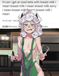 Rule 34 | 1girl, absurdres, apron, bare arms, bare shoulders, blush, breasts, collarbone, confused, cup, demon girl, demon horns, demon tail, disposable cup, english text, green apron, grey hair, helltaker, highres, holding, holding cup, holding pen, horns, iced latte with breast milk (meme), indoors, logo, long hair, looking at viewer, meme, naked apron, open mouth, pandemonica (helltaker), pen, round eyewear, small breasts, solo, starbucks, tail, twitter, yan jhia