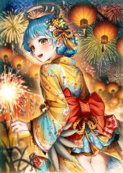 Rule 34 | 1girl, :d, absurdres, aerial fireworks, ass, back bow, blue hair, bow, commentary request, fireworks, floral print, flower, green flower, hair flower, hair ornament, halo, highres, holding, holding fireworks, japanese clothes, kimono, korean commentary, lantern, looking away, looking to the side, menna (0012), night, night sky, open mouth, original, outdoors, paper lantern, print kimono, red bow, senkou hanabi, sharp teeth, sky, smile, solo, sparkler, spikes, teeth, white flower, yellow eyes, yellow flower, yellow kimono, yukata