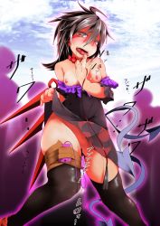 Rule 34 | 1girl, :d, ahoge, asymmetrical wings, black hair, black thighhighs, blush, breasts, breasts out, clothes lift, collar, dress, dress lift, drooling, exhibitionism, fat rolls, gradient background, houjuu nue, leash, licking, licking finger, licking hand, nipples, nude, off shoulder, open mouth, public indecency, pussy juice, red eyes, saliva, saliva trail, sex toy, short hair, skindentation, small breasts, smile, solo, solo focus, tape, teinba, thick thighs, thighhighs, thighs, tongue, touhou, vibrator, wide hips, wings