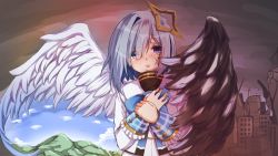 Rule 34 | 1girl, amane kanata, angel, angel wings, asymmetrical wings, blue eyes, bob cut, colored inner hair, corruption, cuffs, grey hair, halo, hands on own chest, haruka kuromiya, highres, hololive, mismatched wings, multicolored hair, plaid, ribbon, ruins, single hair intake, solo, star halo, tears, two-tone hair, upper body, virtual youtuber, wings