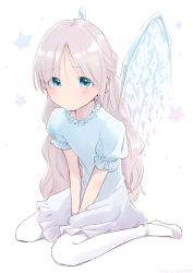 Rule 34 | 1girl, absurdres, angel wings, between legs, blue dress, blue eyes, blush, brown hair, closed mouth, commentary request, dated, dress, feathered wings, gradient dress, hair between eyes, hand between legs, highres, long hair, looking at viewer, mishima ryo, original, pantyhose, parted bangs, puffy short sleeves, puffy sleeves, shadow, shoes, short sleeves, signature, sitting, solo, star (symbol), very long hair, wariza, white background, white dress, white footwear, white pantyhose, white theme, wings