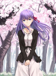 Rule 34 | 1girl, absurdres, black jacket, blue eyes, breasts, cherry blossoms, dress, fate/stay night, fate (series), hair ribbon, heaven&#039;s feel, highres, jacket, large breasts, long hair, long sleeves, matou sakura, official alternate costume, open clothes, open jacket, outdoors, purple hair, red ribbon, ribbon, smile, solo, tooku0, tree, white dress