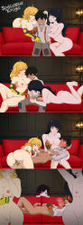 Rule 34 | 1boy, 3girls, 4koma, absurdres, age difference, ahoge, animal ears, artist name, ass, black hair, blake belladonna, blonde hair, blush, breast sucking, breasts, cat ears, cat girl, cleft of venus, collarbone, comic, couch, cum, cum in mouth, closed eyes, feet, fellatio, fingering, freckles, gloves, gradient hair, green eyes, grey eyes, height difference, highres, lactation, large breasts, licking lips, long hair, lying, masturbation, medium breasts, multicolored hair, multiple girls, naughty face, navel, nipples, nude, on back, one eye closed, open mouth, oral, oscar pine, penis, prosthesis, prosthetic arm, purple eyes, pussy, red hair, rolling eyes, ruby rose, rwby, short hair, sitting, smile, spellcaster knight, stomach, tan, thighs, tongue, tongue out, uncensored, yang xiao long, yellow eyes