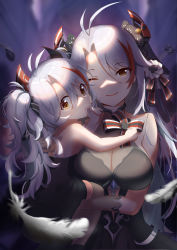 Rule 34 | 2girls, absurdres, antenna hair, azur lane, breasts, cleavage, dress, eugen (fsq3000), feathers, hair between eyes, headgear, highres, large breasts, little prinz eugen (azur lane), long hair, looking at viewer, mother and daughter, multicolored hair, multiple girls, official alternate costume, one eye closed, prinz eugen (azur lane), prinz eugen (cordial cornflower) (azur lane), red hair, see-through, see-through dress, streaked hair, twintails, two-tone hair, upper body, white feathers, white hair, yellow eyes