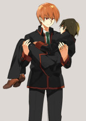 Rule 34 | 2boys, bad id, bad pixiv id, brown hair, carrying, closed eyes, grey background, little busters!, looking at another, male focus, multiple boys, naoe riki, natsume kyousuke, necktie, princess carry, red eyes, red hair, school uniform, sennen suisei, simple background, sleeping, smile, yaoi