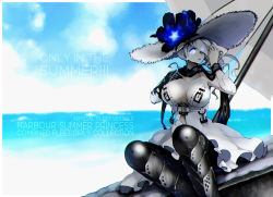 Rule 34 | 1girl, abyssal ship, anchor, armored boots, beach, beach umbrella, belt, black gloves, blue eyes, blue sky, boots, breasts, cleavage, cloud, colored skin, commentary request, day, dress, english text, flower, gloves, glowing, glowing eye, hair over one eye, hat, hat flower, kantai collection, large breasts, long hair, looking at viewer, ocean, open mouth, oso (toolate), outdoors, seaport summer princess, single glove, sitting, sky, solo, sun hat, thigh boots, thighhighs, umbrella, white dress, white hair, white hat, white skin