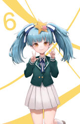 Rule 34 | 1girl, absurdres, blue hair, closed mouth, double v, hair ornament, hair ribbon, hands up, highres, hoshikawa lily, light blue hair, long hair, looking at viewer, neck ribbon, pigone, ribbon, school uniform, smile, solo, standing, standing on one leg, star (symbol), star hair ornament, twintails, v, yellow eyes, zombie land saga