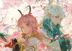 Rule 34 | 1boy, 1girl, akizero1510, animal ears, artist name, cherry blossoms, closed mouth, cloud, commission, copyright request, earrings, elf, flower, gem, green kimono, hair between eyes, hair ornament, holding, horns, japanese clothes, jewelry, kimono, long hair, looking at another, looking away, open mouth, pink eyes, pink hair, pointy ears, ribbon, scales, tagme, teeth, watermark, web address, white kimono