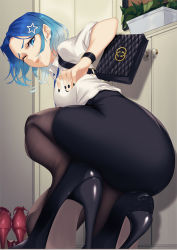 Rule 34 | 1girl, ass, bag, black footwear, black nails, black pantyhose, black skirt, blue eyes, blue hair, blueorca, breasts, collared shirt, door, from behind, gradient hair, handbag, hat ornament, high heels, holding, holding bag, indoors, lanyard, large breasts, looking back, multicolored hair, nail polish, office lady, one eye closed, original, pantyhose, pencil skirt, plant, red footwear, shiny clothes, shirt, shirt tucked in, short sleeves, skirt, solo, squatting, star (symbol), star hat ornament, white shirt