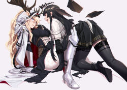 Rule 34 | 2girls, :d, :o, absurdres, all fours, animal ears, antlers, antlers through headwear, antlers through hood, arched back, arknights, arm support, armor, belt, belt buckle, belt pouch, black belt, black dress, black eyes, black footwear, black gloves, black hair, black halo, black skirt, black sleeves, black thighhighs, black wings, blonde hair, blue eyes, blunt bangs, breasts, broken halo, brown belt, buckle, chinese commentary, cloak, commentary request, dark halo, deer antlers, deer ears, deer girl, detached wings, dress, ears through headwear, ears through hood, energy wings, eye contact, eyelashes, foreshortening, from side, gauntlets, gloves, greaves, hair between eyes, halo, hand in another&#039;s hair, hand up, headwear request, high heels, highres, hime cut, hood, hooded cloak, horns, invisible floor, jacket, large breasts, layered sleeves, leaning, leaning back, leaning forward, leaning on person, legs, lips, long hair, long sleeves, looking at another, metal, metal gloves, miniskirt, mole, mole under eye, multicolored cloak, multicolored clothes, multicolored dress, multicolored gloves, multiple girls, open mouth, pale skin, pants, parted lips, pleated skirt, pouch, profile, red cloak, red hood, shade, shijie jianfa, short over long sleeves, short-sleeved jacket, short sleeves, sidelocks, silhouette, simple background, sitting, skirt, smile, spread legs, strappy heels, surprised, teeth, thighhighs, thighs, tongue, two-tone cloak, two-tone dress, two-tone gloves, two-tone hood, upper teeth only, very long hair, virtuosa (arknights), viviana (arknights), wavy hair, white background, white belt, white cloak, white dress, white footwear, white gloves, white hood, white jacket, white pants, wide sleeves, wings, yuri, zettai ryouiki