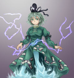 Rule 34 | 1girl, breasts, dress, fuwatoro (enemy-of-society), ghost tail, gradient background, green dress, green eyes, green hair, grey background, hat, highres, lightning, long sleeves, looking at viewer, short hair, sleeve ribbon, smile, soga no tojiko, solo, tate eboshi, touhou