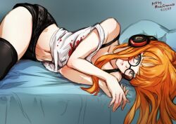 Rule 34 | 1girl, artist name, behind-the-head headphones, black shorts, black thighhighs, brown eyes, closed mouth, commentary, dated, english commentary, glasses, headphones, lips, long hair, looking at viewer, lying, mina cream, navel, off-shoulder shirt, off shoulder, on side, orange hair, paid reward available, persona, persona 5, sakura futaba, shirt, short shorts, shorts, smile, solo, thighhighs, thighs
