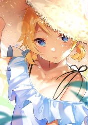Rule 34 | 1girl, bare arms, bare shoulders, blonde hair, blue eyes, blurry, breasts, collarbone, depth of field, dress, flat chest, frilled dress, frills, hand on headwear, hat, highres, inubangarou, kagamine rin, leaf, lens flare, light blush, looking at viewer, low twintails, short hair, short twintails, small breasts, solo, spaghetti strap, straw hat, sun hat, sundress, sweatdrop, tongue, tongue out, twintails, vocaloid, white dress