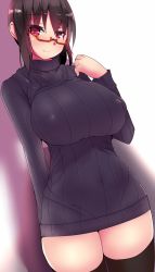 Rule 34 | 1girl, black thighhighs, breasts, brown hair, glasses, highres, huge breasts, impossible clothes, impossible sweater, light smile, looking at viewer, original, pink eyes, red-framed eyewear, red eyes, ribbed sweater, short hair, solo, souma (ordures), sweater, thighhighs, thighs
