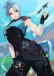Rule 34 | 1girl, absurdres, animification, blue eyes, blurry, blurry background, breasts, covered navel, cowboy shot, fingerless gloves, gloves, gun, hair between eyes, handgun, highres, holding, holding gun, holding weapon, jett (valorant), kagematsuri, kunai, looking at viewer, medium breasts, parted lips, ponytail, revision, sleeveless, solo, teeth, twitter username, valorant, watermark, weapon