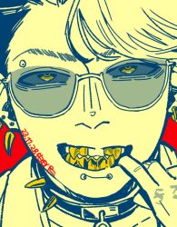 Rule 34 | 1boy, artist name, black sclera, close-up, collar, colored sclera, dated, earrings, evil grin, evil smile, eyebrow piercing, finger in own mouth, glasses, gold teeth, grills, grin, jewelry, labret piercing, looking at viewer, male focus, partially colored, pavia (reverse:1999), piercing, red background, reverse:1999, sakita pani, signature, smile, solo, swept bangs, yellow eyes