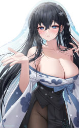 Rule 34 | 1girl, absurdres, asatoke sarasa, bare shoulders, black hair, black skirt, blue eyes, blue hair, blush, breasts, brown pantyhose, cleavage, collarbone, commentary request, cowboy shot, groin, high-waist skirt, highres, indie virtual youtuber, japanese clothes, kimono, kimono pull, kohanayuki, large breasts, long hair, looking at viewer, mole, mole under eye, multicolored hair, official alternate costume, pantyhose, parted lips, skirt, smile, snowflake print, snowflakes, solo, twitter username, two-tone hair, veil, very long hair, virtual youtuber, white kimono, yukata