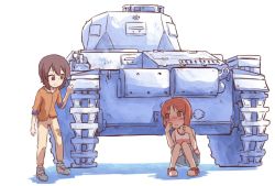 Rule 34 | 2girls, aged down, blue shorts, blush, brown eyes, brown hair, brown pants, commentary, crying, crying with eyes open, girls und panzer, looking at another, military, military vehicle, monolith (suibou souko), motor vehicle, multiple girls, nishizumi maho, nishizumi miho, orange shirt, pants, panzer ii, panzer ii, pink shirt, red footwear, shadow, shirt, shoes, short hair, short sleeves, shorts, siblings, sisters, sneakers, squatting, standing, tank, tank top, tears, white footwear, wiping tears