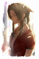 Rule 34 | 1girl, aerith gainsborough, bow, braid, braided ponytail, breasts, brown hair, choker, closed mouth, commentary, dress, expressionless, eyelashes, final fantasy, final fantasy vii, final fantasy vii remake, green eyes, hair bow, half-closed eyes, highres, isshiki (ffmania7), jacket, lips, long hair, looking down, neck ribbon, open clothes, open jacket, parted bangs, pink dress, red jacket, ribbon, short sleeves, sidelocks, signature, small breasts, solo, sunlight, twitter username, upper body