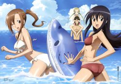 Rule 34 | 1boy, 3girls, absurdres, amakusa shino, ass, barefoot, bikini, black eyes, black hair, blonde hair, blue male swimwear, blue one-piece swimsuit, blue sky, blue swim trunks, bow, bow bikini, bow swimsuit, breasts, brown eyes, brown hair, cleavage, cloud, covering another&#039;s eyes, covering own eyes, day, floral bikini, floral print, floral swimsuit, furuta makoto, hagimura suzu, highres, image sample, inflatable dolphin, inflatable toy, long hair, looking at viewer, male swimwear, medium breasts, multiple girls, navel, official art, one-piece swimsuit, one eye closed, open mouth, outdoors, partially submerged, pink one-piece swimsuit, ponytail, print bikini, print swimsuit, red bikini, seitokai yakuindomo, shichijou aria, short hair, sky, small breasts, swim trunks, swimsuit, tsuda takatoshi, twintails, water, white bikini, white bow, wink