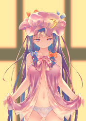 Rule 34 | 1girl, babydoll, blue bow, bow, cameltoe, closed mouth, collarbone, cowboy shot, crescent, crescent hair ornament, gluteal fold, hair bow, hair ornament, hat, highres, lifting own clothes, lingerie, long hair, looking at viewer, mizuki matsuri, mob cap, navel, negligee, panties, patchouli knowledge, purple eyes, purple hair, red bow, sidelocks, smile, solo, standing, touhou, underwear, very long hair, white panties
