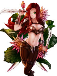 Rule 34 | 1girl, ;q, bandeau, breasts, brown hair, dagger, dual wielding, green eyes, holding, katarina (league of legends), knife, league of legends, medium breasts, one eye closed, riot games, scar, tongue, tongue out, waterring, weapon, wink