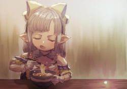 Rule 34 | 1girl, bad id, bad twitter id, bow, dress, eating, closed eyes, food, gloves, granblue fantasy, hair bow, harvin, indoors, lilele (granblue fantasy), long hair, noodles, open mouth, pointy ears, ramen, silver hair, solo, tori udon