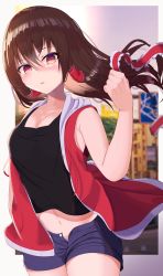 Rule 34 | 1girl, absurdres, alternate costume, bare shoulders, blue shorts, blurry, blurry background, brown hair, casual, collarbone, commentary request, hair between eyes, hair tubes, hakurei reimu, highres, holding, holding ribbon, hood, hoodie, kirisame oreo, looking at viewer, navel, open fly, open mouth, ribbon, short shorts, shorts, sleeveless, solo, tank top, touhou, unbuttoned