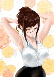 Rule 34 | 1girl, absurdres, adjusting hair, armpits, arms behind head, arms up, black-framed eyewear, black dress, blush, breasts, brown eyes, brown hair, buttons, closed mouth, collared shirt, dress, female focus, food background, fruit background, glasses, highres, large breasts, lips, office lady, original, shirt, short hair, sidelocks, sleeveless, sleeveless shirt, solo, upper body, uriens, white shirt