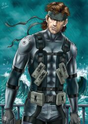 Rule 34 | 1boy, autumn-sacura, bandana, headband, male focus, metal gear (series), metal gear solid 2: sons of liberty, military, ocean, outdoors, rain, serious, short hair, sneaking suit, solid snake, solo, storm, water, weapon