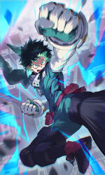 Rule 34 | 1boy, aqua bodysuit, aqua gloves, belt, belt pouch, blurry, boku no hero academia, buckle, chromatic aberration, city, cityscape, clenched hands, commentary, debris, depth of field, electricity, floating hair, foot out of frame, foreshortening, freckles, from above, full cowling (boku no hero academia), furrowed brow, gloves, glowing, glowing eyes, green eyes, green hair, hands up, highres, looking ahead, male focus, midair, midoriya izuku, open mouth, outdoors, outstretched arm, outstretched leg, pose request, pouch, punching, red belt, serious, shoe soles, short hair, snap-fit buckle, soft focus, solo, utility belt, v-shaped eyebrows, white gloves, zinnkousai3850