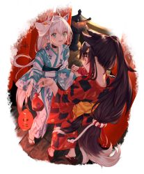 Rule 34 | 2girls, ahoge, animal ear fluff, animal ears, black hair, candy apple, collar, commentary request, dutch angle, food, fox ears, fox tail, from above, green eyes, highres, hololive, japanese clothes, kimono, lantern, long hair, long sleeves, looking at another, multiple girls, nape, no socks, obi, ookami mio, open mouth, paper lantern, ponytail, red eyes, sandals, sash, shirakami fubuki, smile, stone lantern, sweat, tail, takubon, very long hair, virtual youtuber, white hair, wide sleeves, yukata, zouri