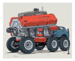 Rule 34 | 1other, commentary request, engine, exhaust pipe, from side, gatling santouhei, grey background, highres, motor vehicle, original, shadow, simple background, suspension, truck, vehicle focus, wheel