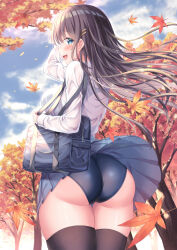 Rule 34 | 1girl, artist name, ass, autumn leaves, bag, black hair, black thighhighs, blue eyes, blue skirt, breasts, clothes lift, competition swimsuit, falling leaves, floating hair, hair ornament, hairclip, hand in own hair, highres, holding strap, large breasts, leaf, long hair, looking at viewer, looking back, maple leaf, maple tree, miniskirt, one-piece swimsuit, original, pleated skirt, school bag, school uniform, see-through, see-through shirt, shirakawako, shirt, shirt tucked in, skirt, skirt lift, smile, solo, swimsuit, swimsuit under clothes, thighhighs, tree, twitter username, upskirt, wet, wet clothes, wet shirt, white shirt, wide hips, wind, wind lift