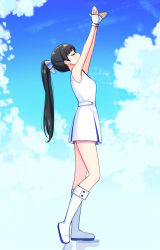 Rule 34 | 1girl, arms up, bare shoulders, black hair, blue background, blue footwear, blue jacket, boots, bow, breasts, closed eyes, commentary request, deadnooodles, facing up, fingerless gloves, from side, gloves, hair bow, hazuki ren, heel up, high ponytail, highres, jacket, knee boots, long hair, love live!, love live! superstar!!, medium breasts, multicolored clothes, multicolored jacket, outstretched arms, ponytail, sleeveless, solo, standing, two-tone jacket, white background, white footwear, white jacket