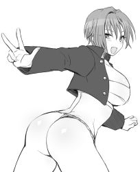 Rule 34 | 1girl, :d, ass, blush, breasts, cowboy shot, eroe, fang, from behind, fundoshi, genderswap, genderswap (mtf), greyscale, hair intakes, happy, igarashi kyou (eroe), japanese clothes, large breasts, leaning forward, looking at viewer, looking back, monochrome, no pants, open mouth, original, sarashi, short hair, simple background, smile, solo, thighs, v, white background