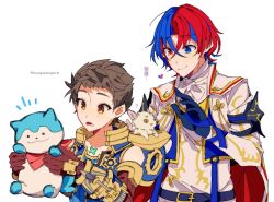Rule 34 | 2boys, alear (fire emblem), alear (male) (fire emblem), armor, ascot, azurda (xenoblade), blue eyes, blue hair, brown hair, closed mouth, crossover, fire emblem, fire emblem engage, gloves, hair between eyes, long sleeves, mugimugis, multicolored hair, multiple boys, nintendo, red eyes, red hair, rex (xenoblade), short hair, smile, sommie (fire emblem), two-tone hair, white background, xenoblade chronicles (series), xenoblade chronicles 2, yellow eyes