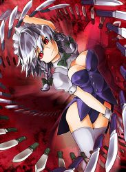 Rule 34 | 1girl, alternate costume, arm up, braid, breasts, bustier, buttons, cleavage, collar, embodiment of scarlet devil, female focus, gloves, hair ribbon, highres, izayoi sakuya, knife, leotard, maid, maid headdress, medium breasts, memento vivi, puffy sleeves, red background, red eyes, ribbon, short hair, silver hair, smile, solo, thighhighs, throwing knife, too many, touhou, twin braids, weapon, white gloves, white thighhighs