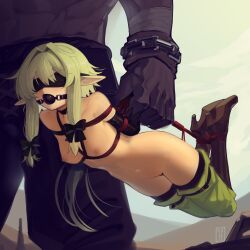 Rule 34 | 1girl, absurdres, bdsm, blindfold, bondage, boots, bound, bow, breasts, brown bow, brown footwear, cad (caddo), carrying, carrying person, collarbone, commission, elf, full body, gag, goblin, goblin slayer!, green hair, hair between eyes, hair bow, hair intakes, high elf archer (goblin slayer!), high heels, highres, hogtie, knee boots, long hair, nipples, nude, pointy ears, pussy, restrained, second-party source, shibari, sidelocks, small breasts, solo focus, thighhighs