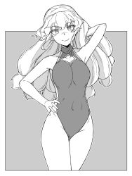 Rule 34 | 1girl, arm behind head, arm up, closed mouth, commentary, covered navel, cowboy shot, greyscale, halterneck, hand in own hair, hand on own hip, highres, long hair, looking at viewer, low-tied long hair, monochrome, navel, no headwear, one-piece swimsuit, outside border, smile, solo, standing, sunatoshi, swimsuit, touhou, yakumo yukari