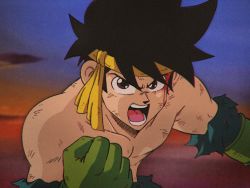 Rule 34 | 1990s (style), 1boy, black hair, blood, blood on face, brown eyes, clenched hand, dragon quest, dragon quest dai no daibouken, film grain, headband, k41 78, male focus, open mouth, pop (dragon quest dai no daibouken), retro artstyle, serious, solo, torn clothes, upper body, yellow headband