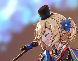 Rule 34 | 1girl, ascot, bare shoulders, black hat, black jacket, blonde hair, blue ascot, blue cape, blue flower, blurry, blurry background, blush, cape, closed eyes, depth of field, flower, girls&#039; frontline, hair between eyes, hair flower, hair ornament, hat, highres, instrument, jacket, looking away, matsuo (matuonoie), microphone, mini hat, mini top hat, nagant revolver (astral bond) (girls&#039; frontline), nagant revolver (girls&#039; frontline), official alternate costume, open mouth, ponytail, solo, sweat, top hat, upper body