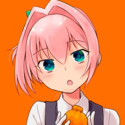 Rule 34 | 1girl, blue eyes, close-up, commentary request, food, fruit, gloves, grey vest, hair intakes, head tilt, holding, holding food, holding fruit, kantai collection, looking at viewer, open mouth, orange (fruit), orange background, pink hair, r-king, shiranui (kancolle), shirt, solo, upper body, vest, white gloves, white shirt