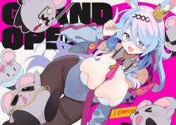 Rule 34 | + +, 1girl, :d, absurdres, animal ears, arm at side, astral party, bare shoulders, between breasts, black pantyhose, blue eyes, blue hair, blue jacket, blue leotard, blush, breasts, cleavage, cowboy shot, crown, detached collar, dot nose, dutch angle, ears through headwear, gluteal fold, hand up, highleg, highleg leotard, highres, huge breasts, index finger raised, jacket, leotard, looking at viewer, mimi (astral party), mini crown, multicolored hair, necktie, necktie between breasts, off shoulder, official art, open clothes, open jacket, open mouth, pantyhose, pink hair, pink necktie, playboy bunny, rabbit ears, rabbit girl, smile, solo, thick thighs, thighband pantyhose, thighs, track jacket, two-tone hair