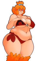 Rule 34 | 1girl, absurdres, bikini, breasts, camerupt, cleavage, covered erect nipples, creatures (company), eikasianspire, fat, female focus, game freak, gen 3 pokemon, hair ornament, highres, large breasts, navel, nintendo, orange hair, parted lips, plump, pokemon, pokemon (creature), red eyes, smile, solo, swimsuit, team magma, thick thighs, thighs, wide hips