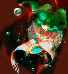 Rule 34 | 1girl, bone, bucket, f-muco, female focus, green eyes, green hair, hair bobbles, hair ornament, in bucket, in container, japanese clothes, kimono, kisume, long sleeves, matching hair/eyes, open mouth, solo, touhou, twintails, water, when you see it, wide sleeves