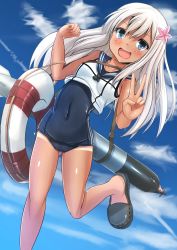 Rule 34 | 10s, 1girl, blonde hair, blue eyes, crop top, flower, hair flower, hair ornament, highres, kantai collection, lifebuoy, long hair, one-piece swimsuit, one-piece tan, ro-500 (kancolle), sailor collar, school swimsuit, solo, sukesan, swim ring, swimsuit, swimsuit under clothes, tan, tanline, torpedo, v