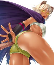 Rule 34 | 1girl, :o, aikawa arisa, animal ears, ass, belt, blonde hair, blue cape, blush, breasts, bridal gauntlets, cameltoe, cape, cowboy shot, crop top, crotch, dark-skinned female, dark skin, dutch angle, embarrassed, eyes visible through hair, fangs, fat mons, flipped hair, foreshortening, from below, from side, glowing, glowing eyes, green shorts, hagakure kohaku, hair between eyes, large breasts, legs apart, lilith-soft, looking at viewer, looking back, medium breasts, midriff, no bra, official art, open mouth, shirt, short hair, short shorts, shorts, simple background, solo, standing, surprised, tail, taimanin (series), taimanin asagi kessen arena, taut clothes, thighs, torn cape, torn clothes, underboob, upshirt, white background, white hair, white shirt, yellow eyes